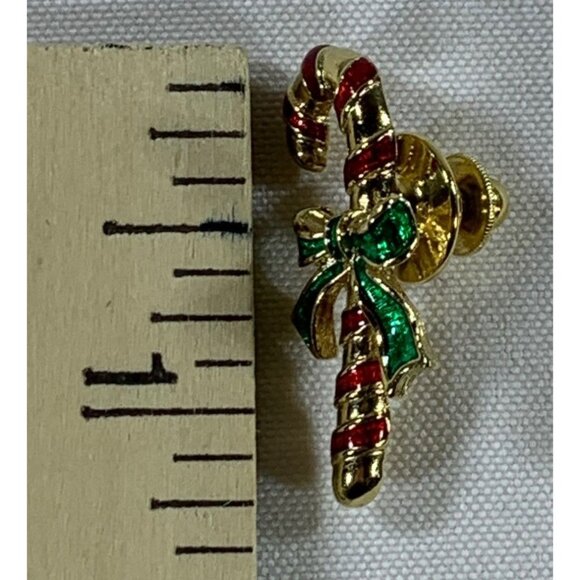 Vintage Avon Candy Cane Brooch 1.25" Signed Red Gold Tone Christmas Pin Bow - Picture 7 of 8